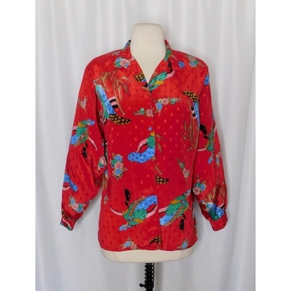 Vintage DVF DIANE VON FURSETNBERG Red Lady Art Deco Button Down Top Blouse Small - Picture 1 of 12